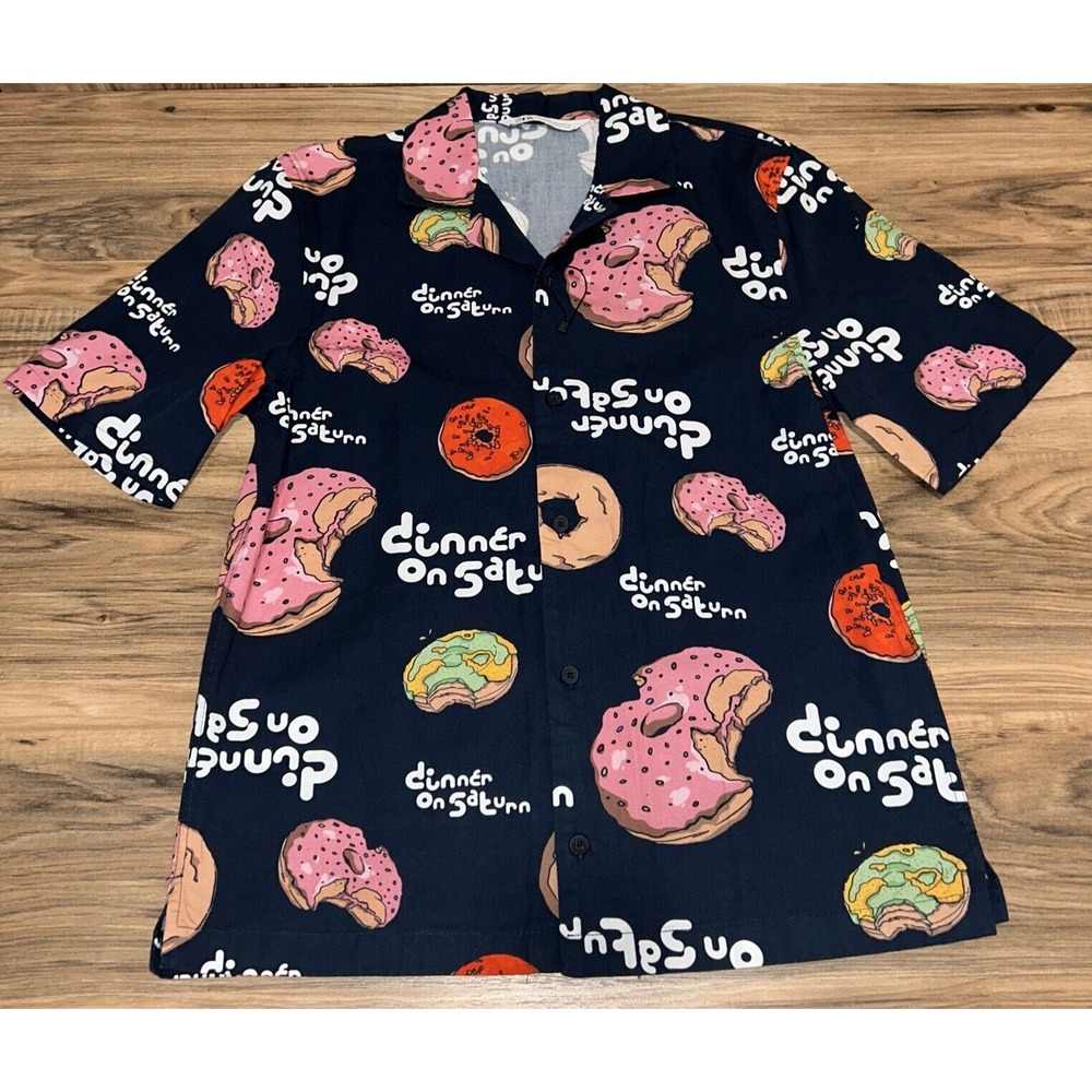 Mens Small Zara Short Sleeve Shirt Dinner on Saturn Donut Print Blue